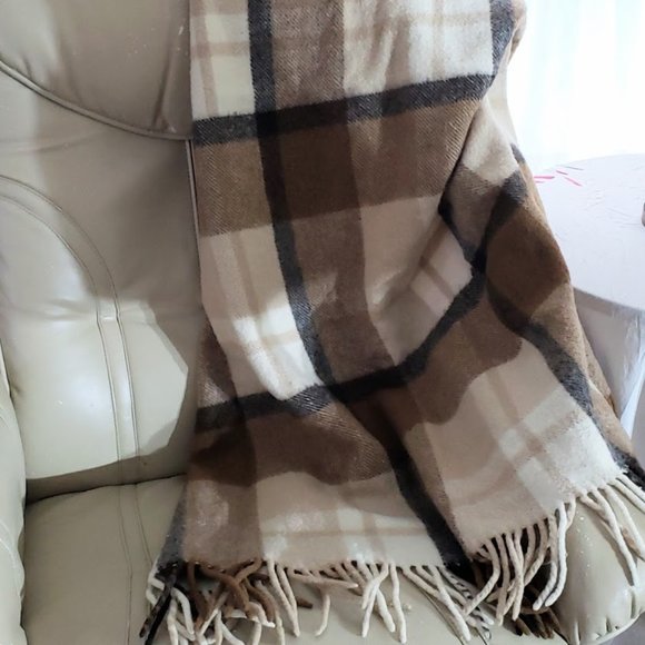 SOLD Vintage Pure Wool Throw Plaid Brown Tan 53X65 - Picture 4 of 6
